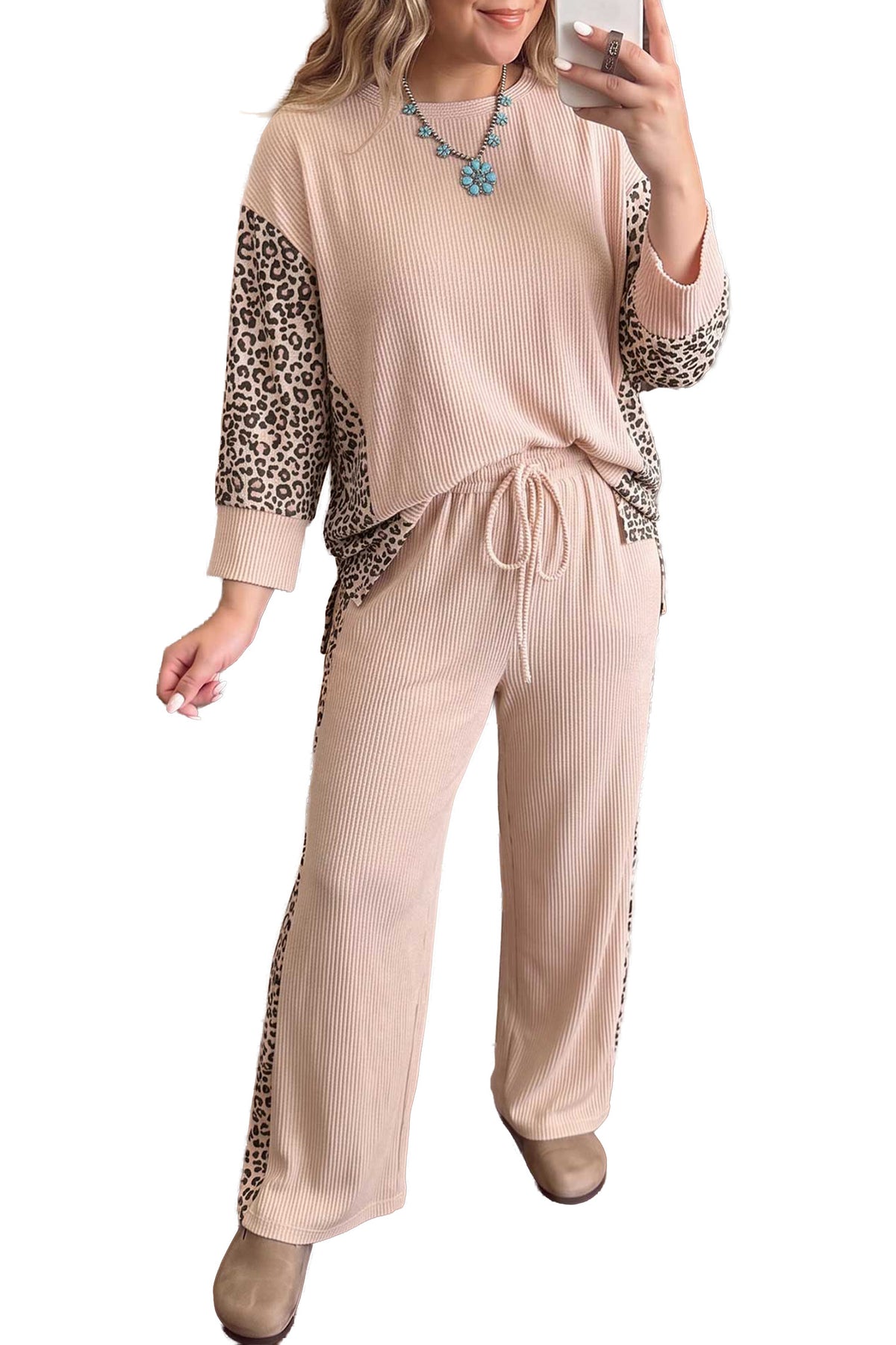 French Leopard Long Sleeve Top w/Plus Size Pants Set