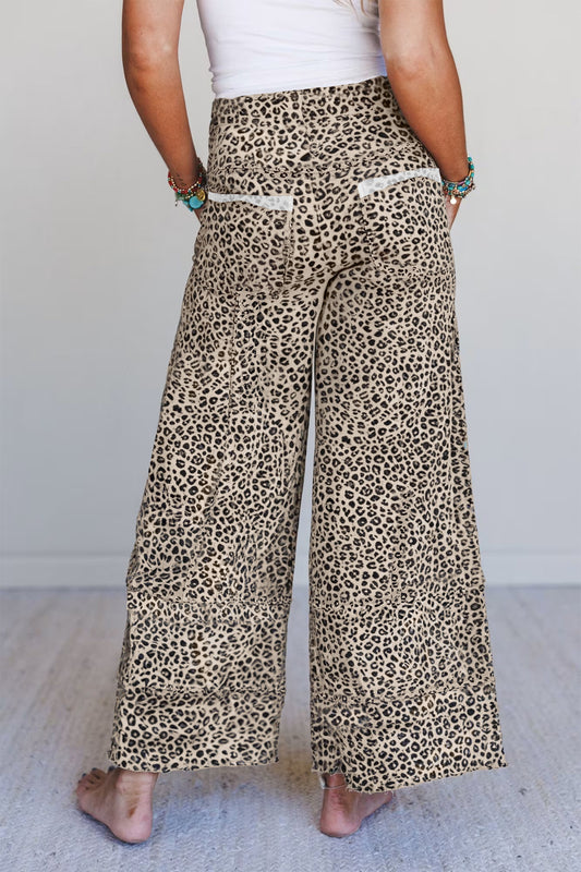 Leopard Print Wide Leg Terry Knit Pants
