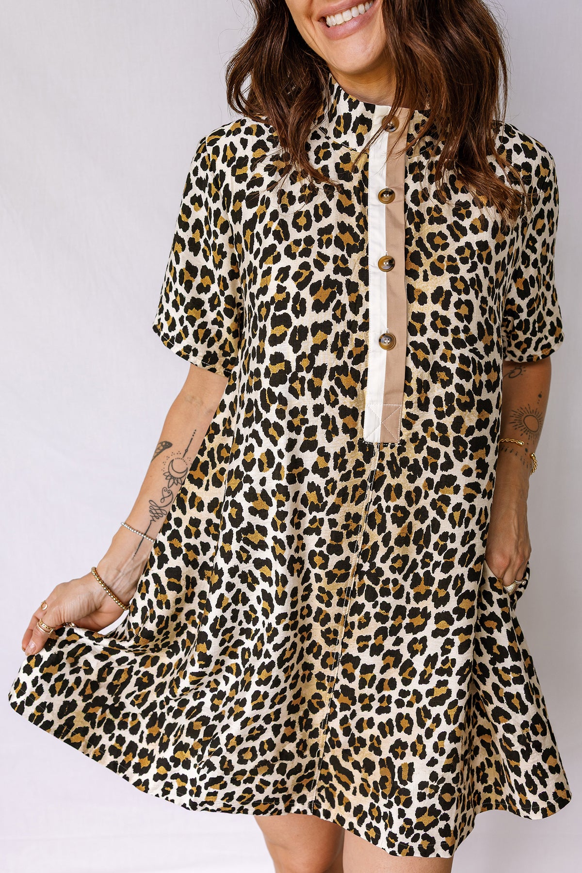 Short Sleeve Leopard Mini Dress with Pockets