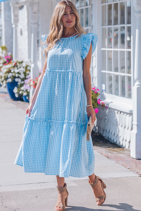 Blue Ruffled Short Sleeve Dress