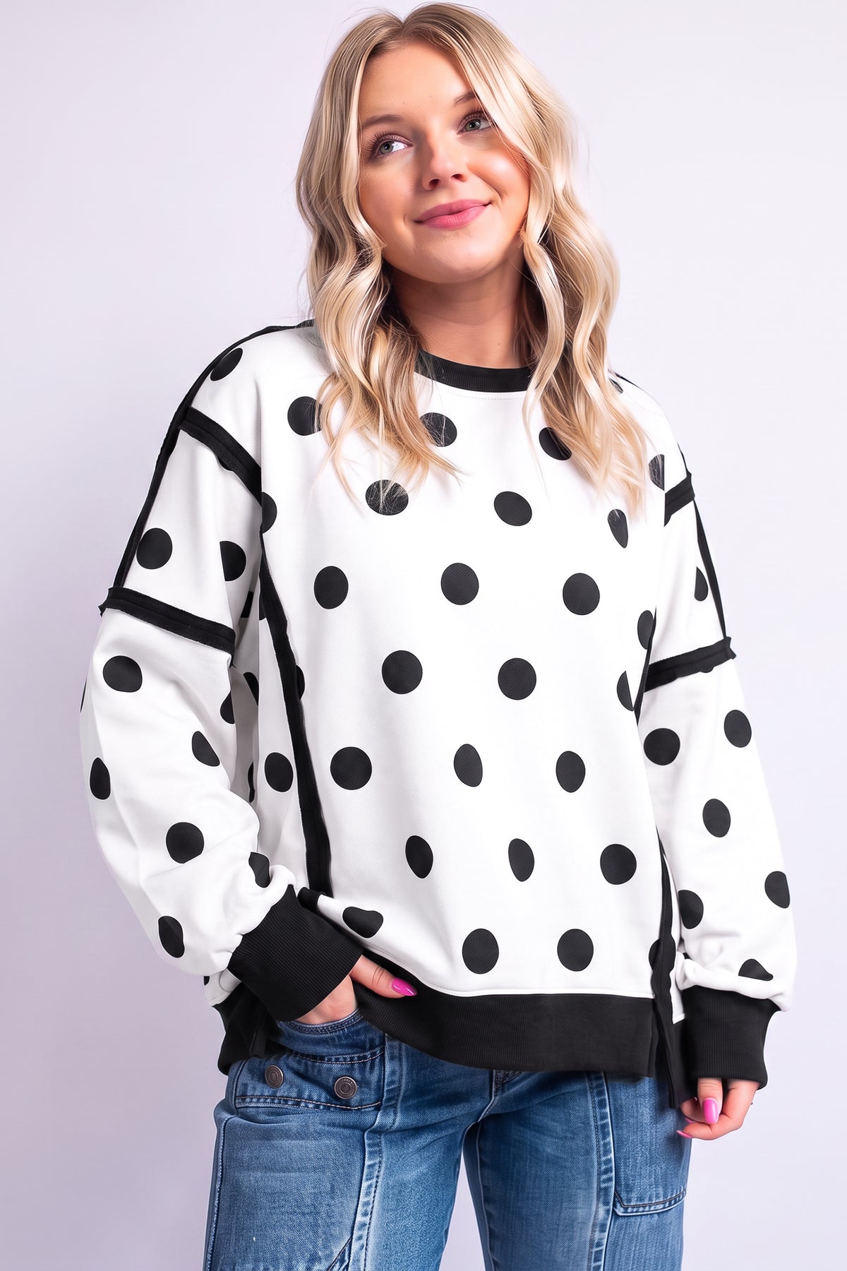 Polka Dot Round Neck Baggy Sweatshirt