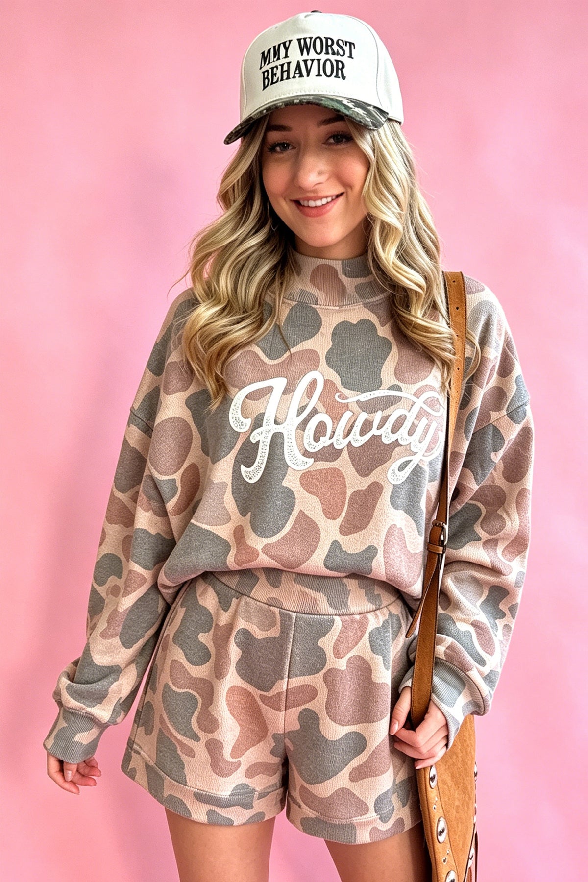 "Howdy" Camouflage Long Sleeve Top and Shorts Set
