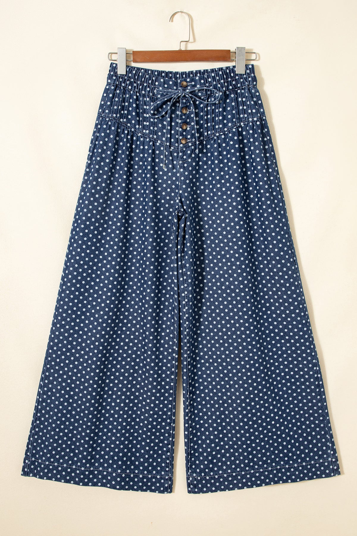 Polka Dot Button Pleated Wide Leg Jeans