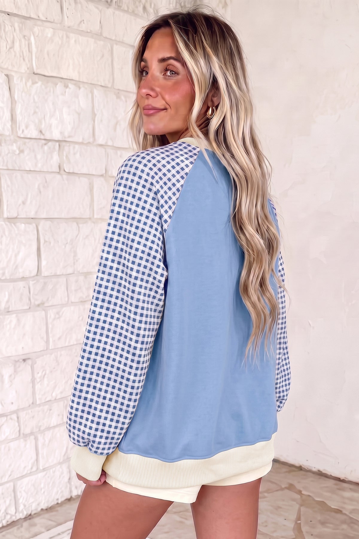 Plaid Sleeve Raglan Pullover Sweatshirt