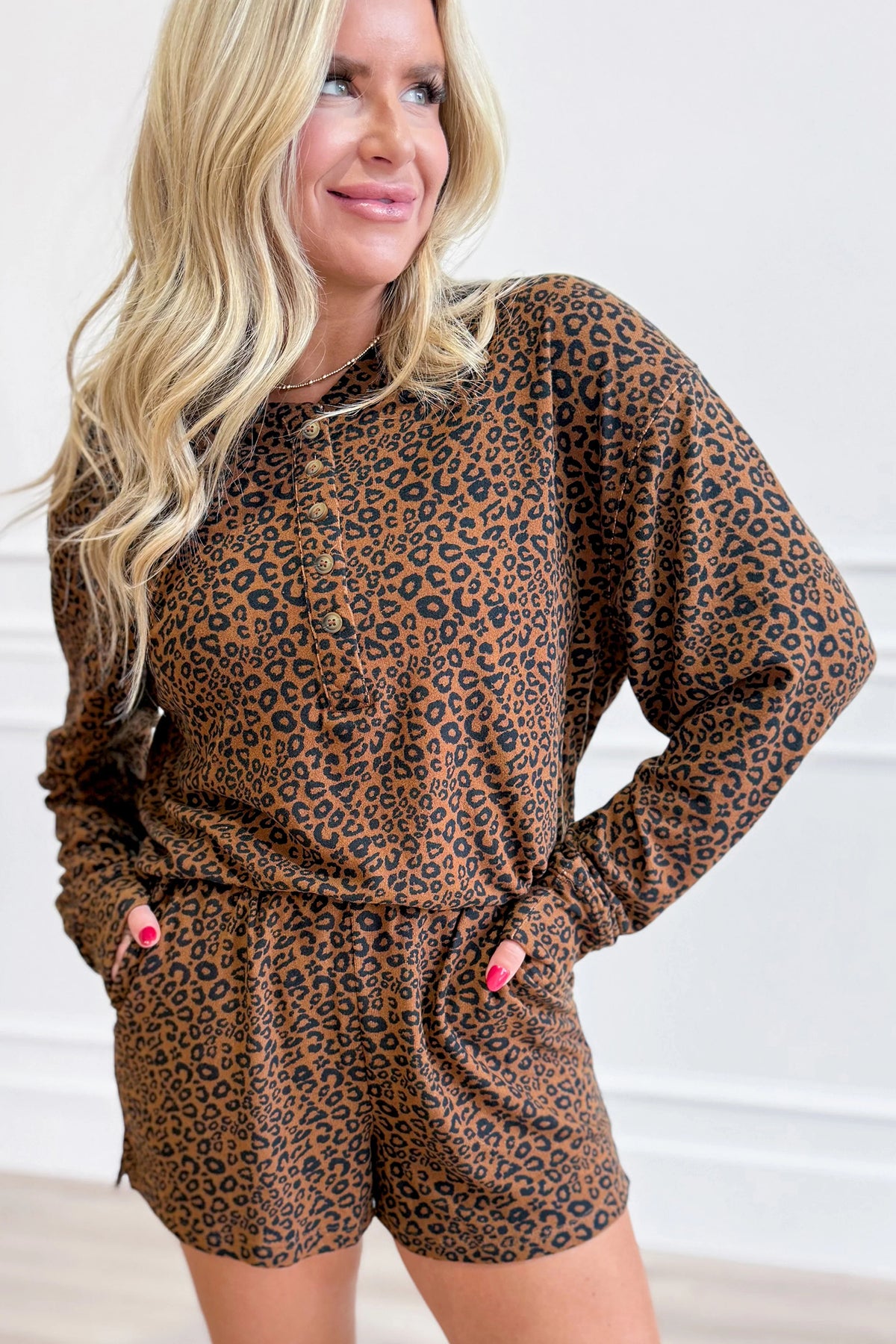 Leopard Print Henley Top w/Shorts Set
