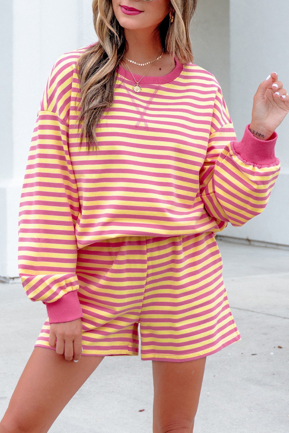 Stripe Long Sleeve Top w/ Shorts Set