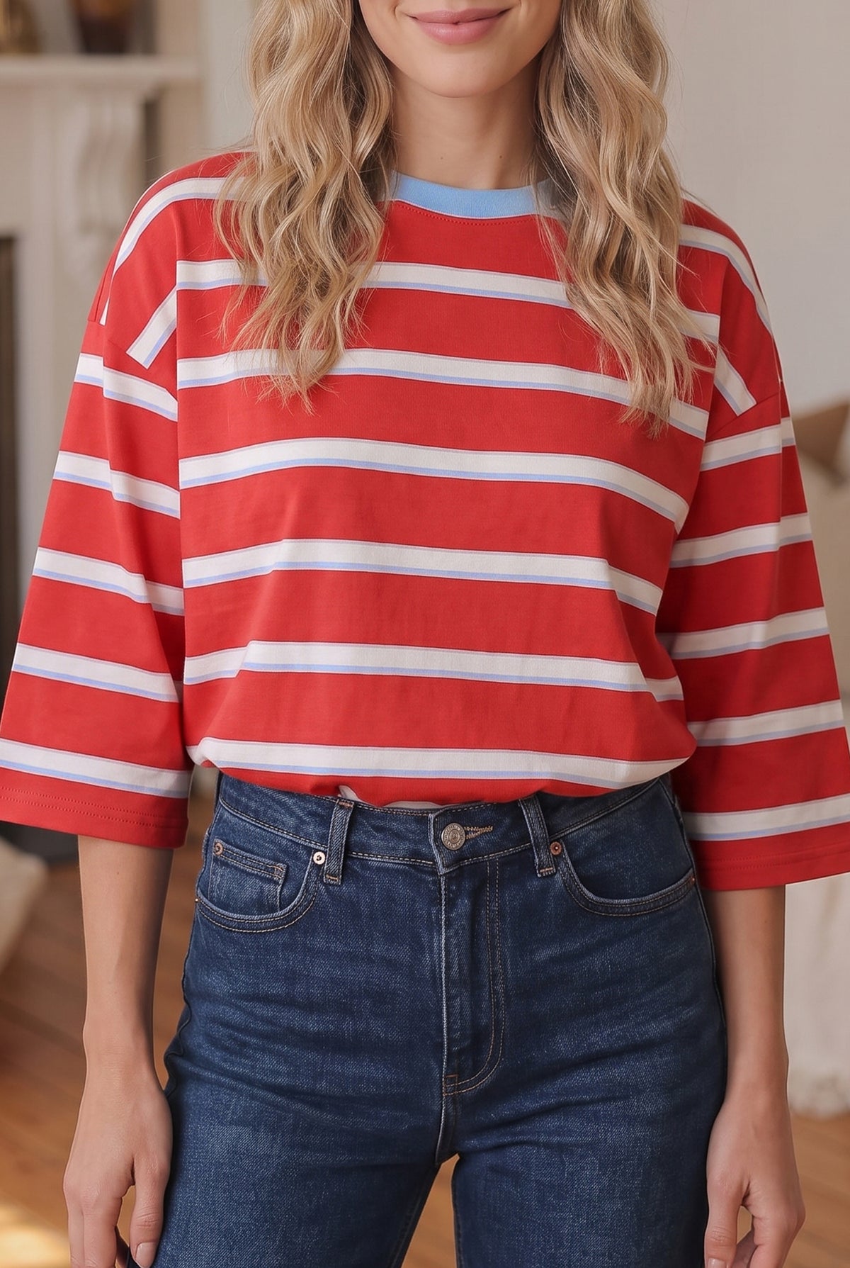 Red Striped Bow Tie Hollowed Shirt