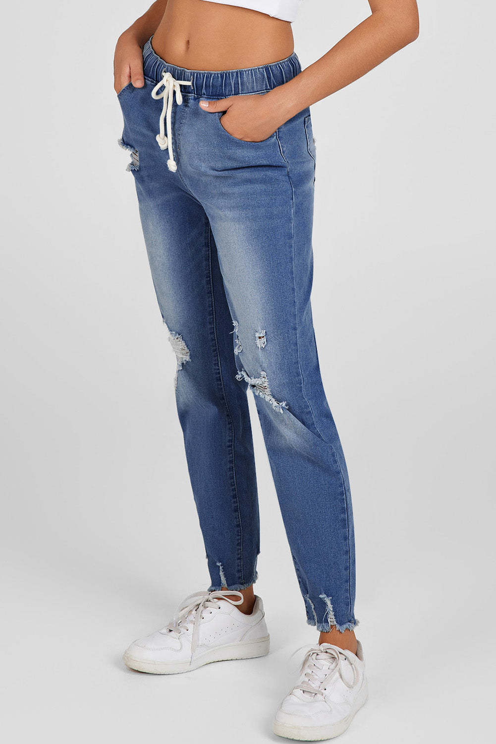 Straight Leg Destroyed Raw Hem Jeans