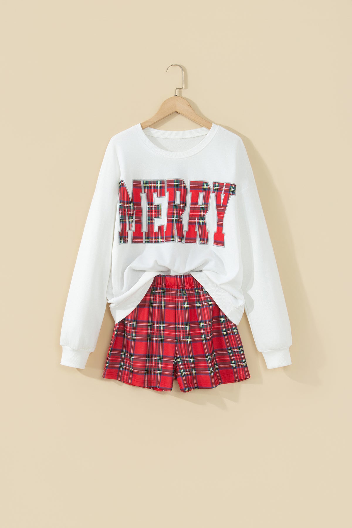 Plaid "MERRY" Long Sleeve Top and Shorts Set