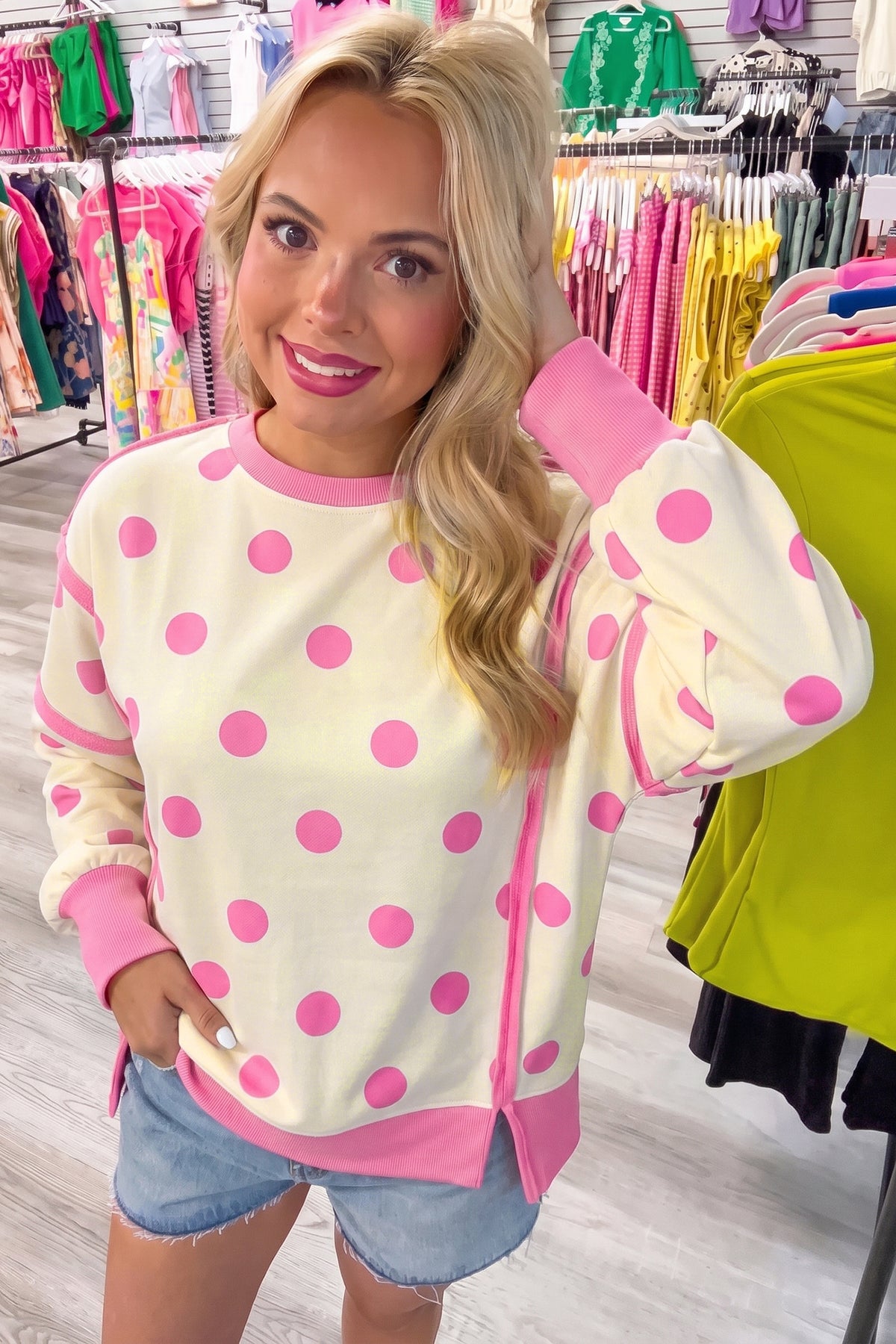 Polka Dot Round Neck Baggy Sweatshirt