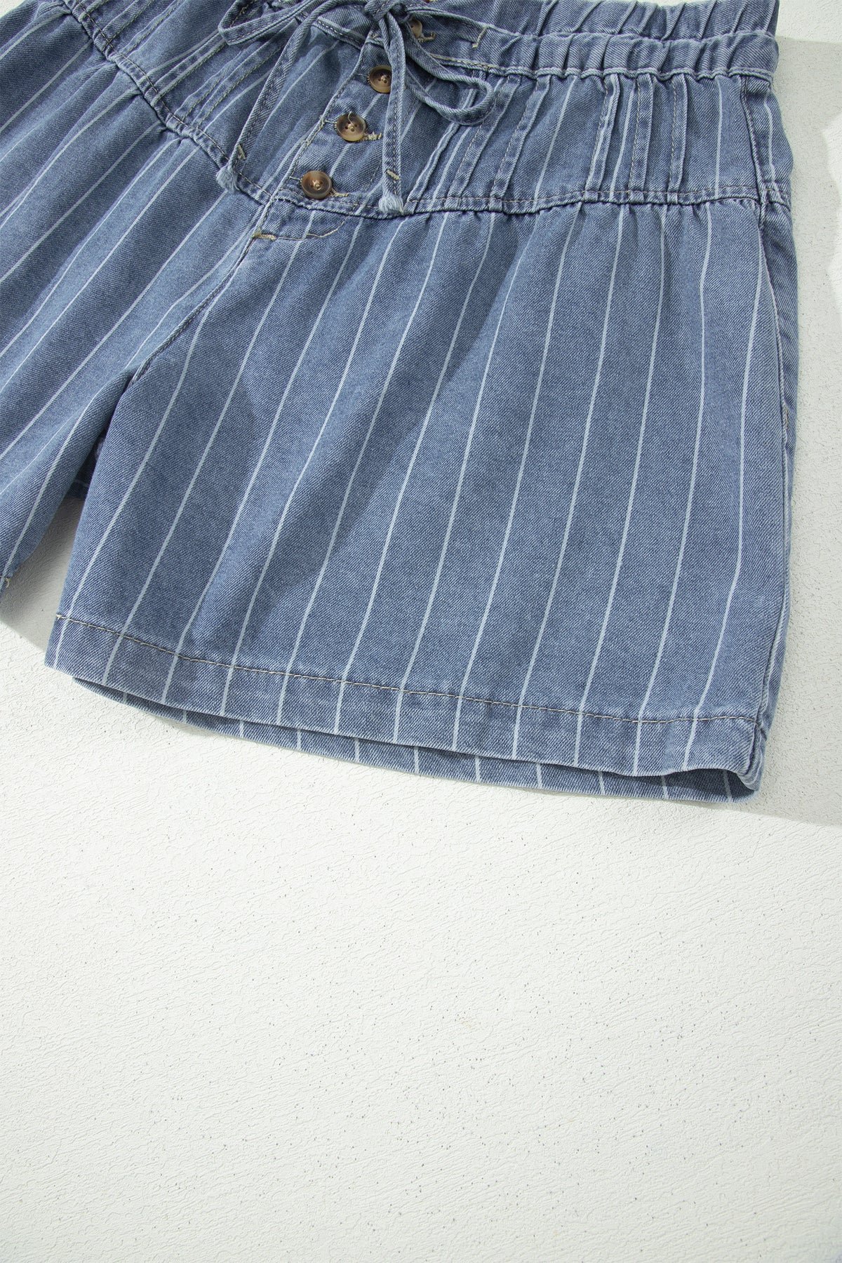 Striped Button Pleated Denim Shorts