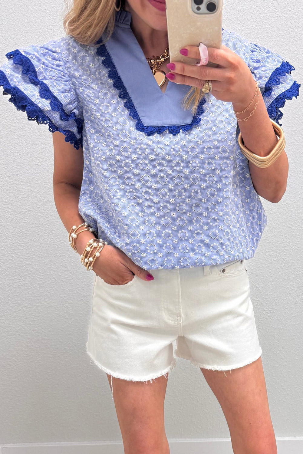 Embroidered Flower Flutter Sleeve Blouse