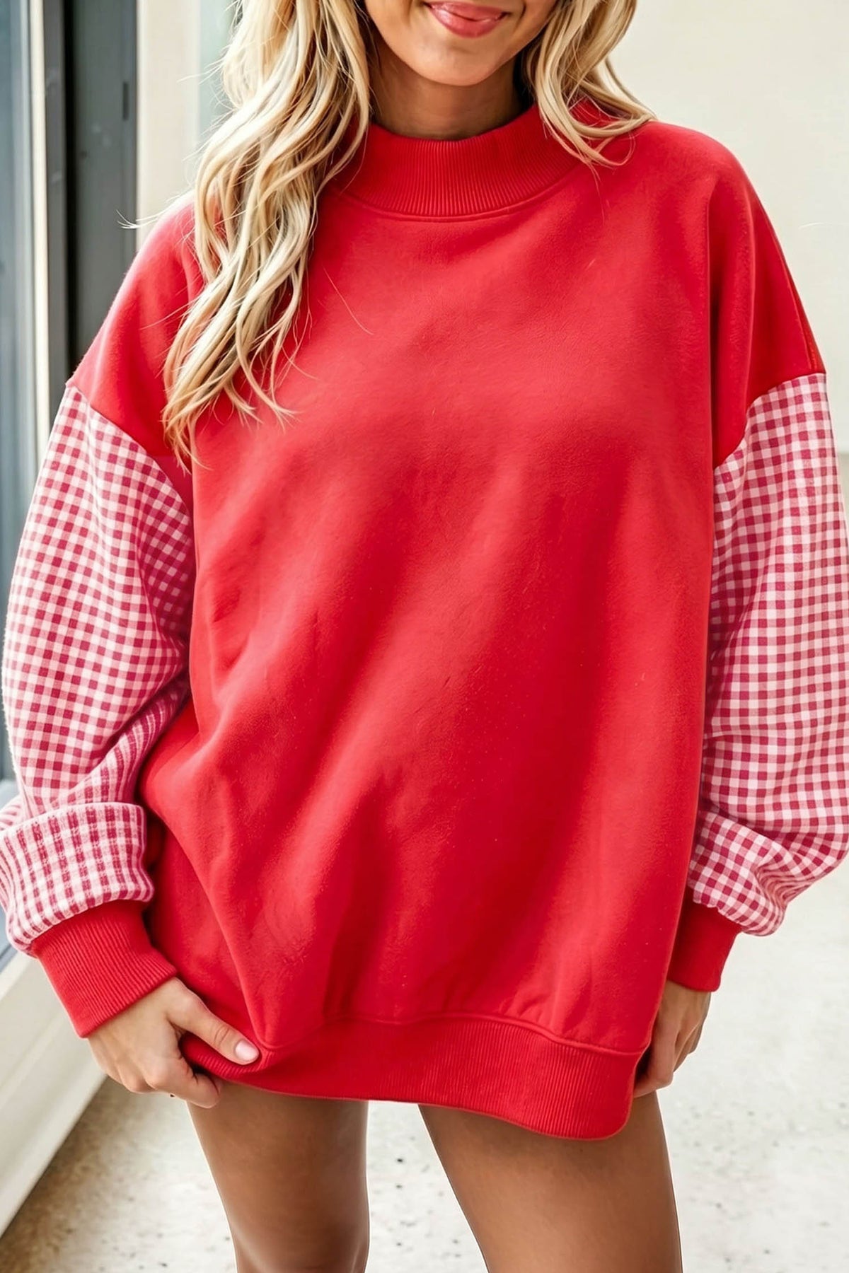 Plaid Sleeve Loose Tunic Sweatshirt