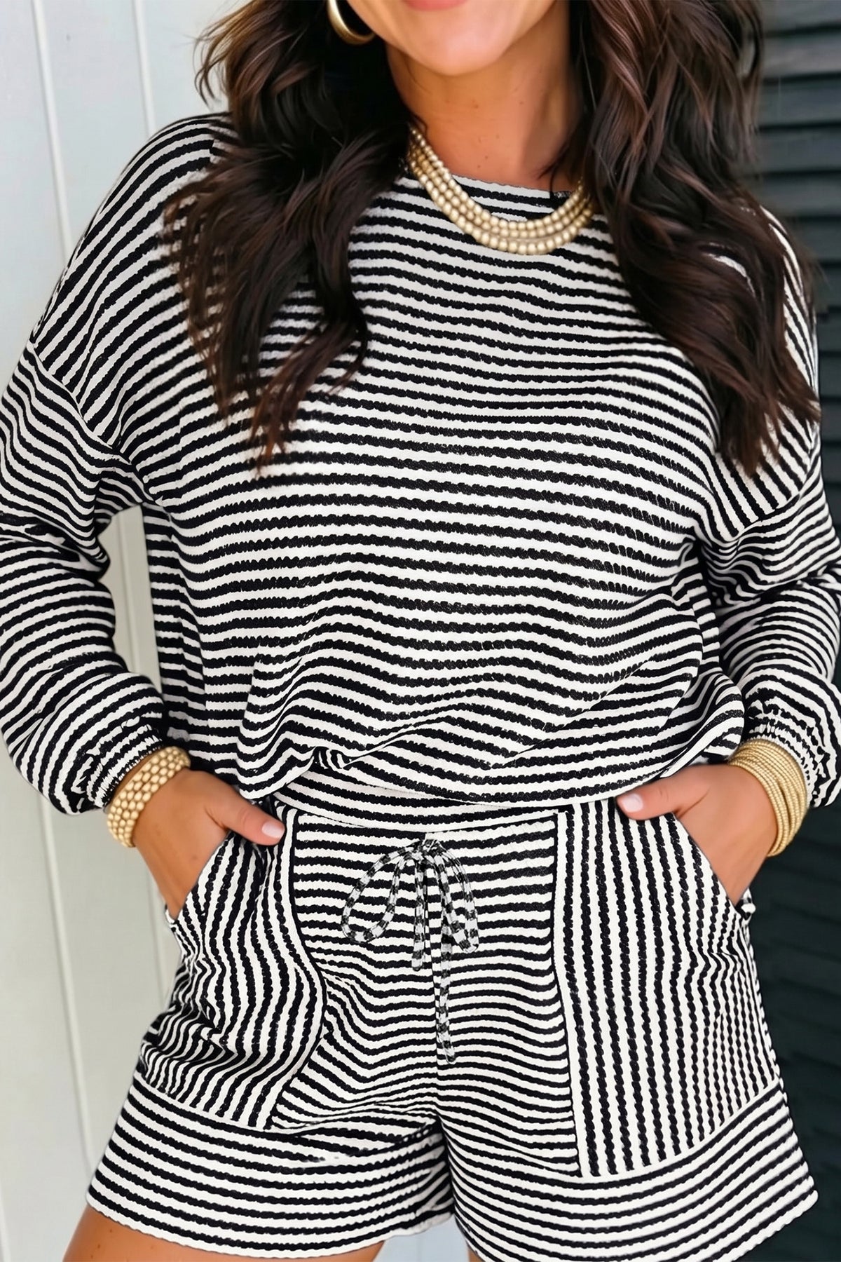 Brown Stripe Long Sleeve Top w/ Shorts