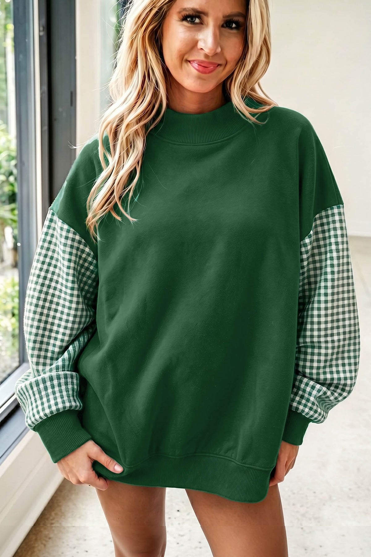 Plaid Sleeve Loose Tunic Sweatshirt