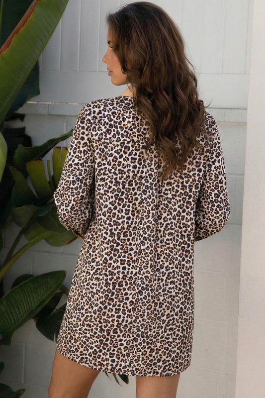 Striped Leopard Print Long Sleeve Dress