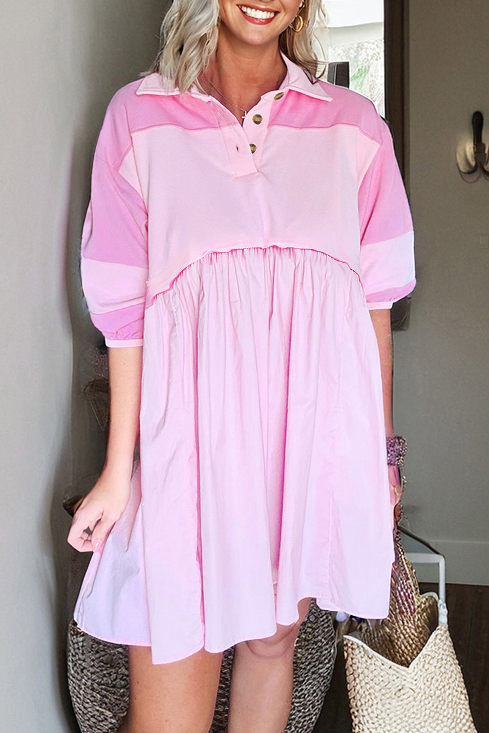 Button Polo Collar Mini Dress