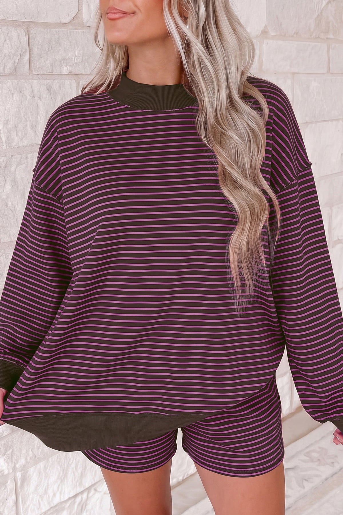 Striped Mock Neck Pullover w/ Shorts Set