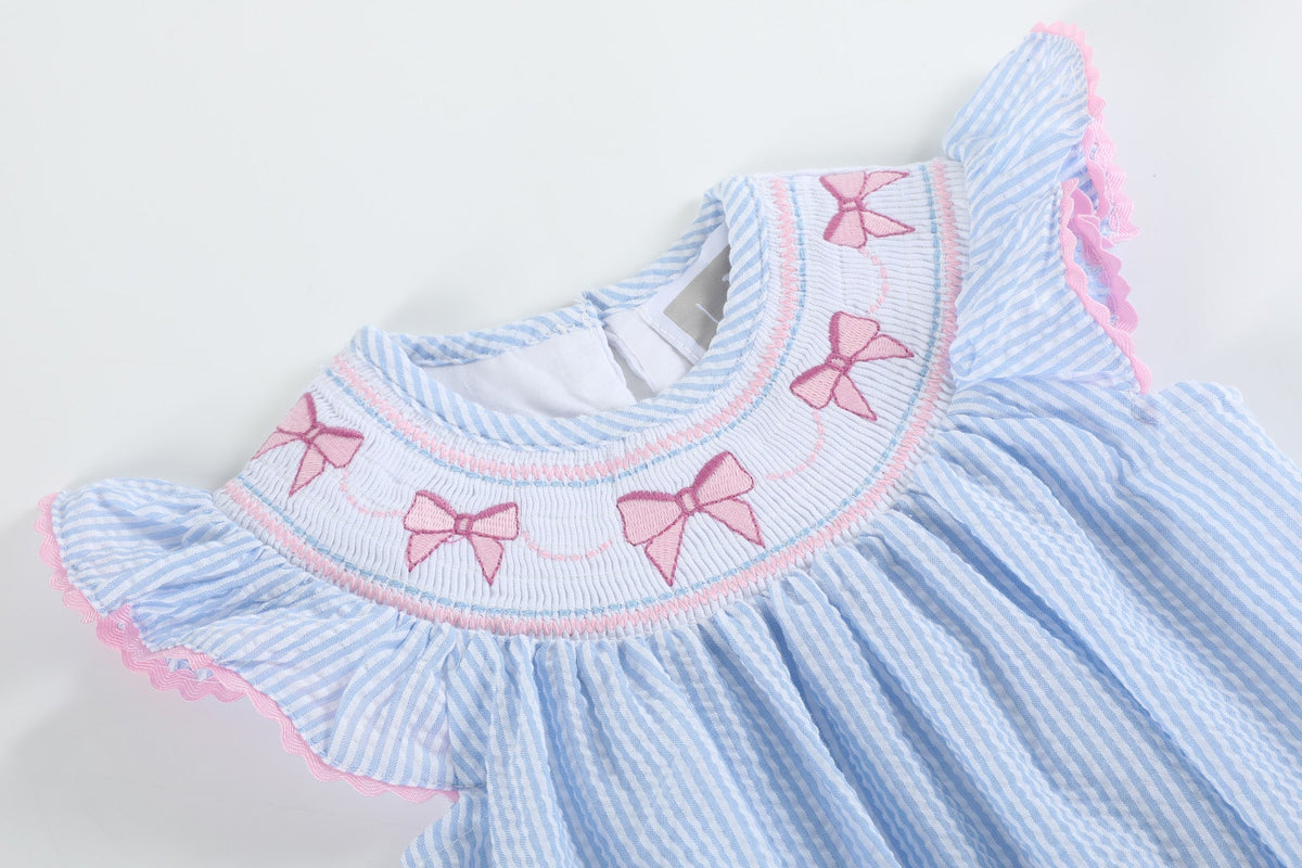 Seersucker Bow Smocked Flutter Romper