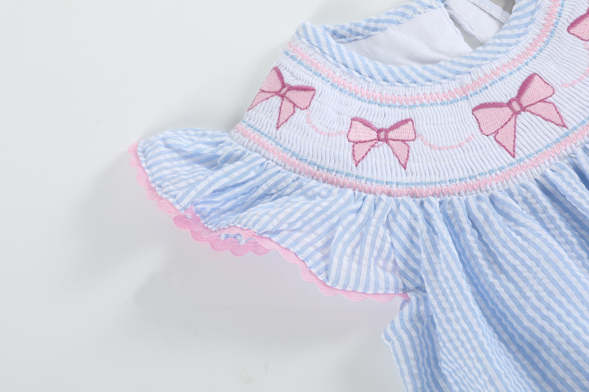 Seersucker Bow Smocked Flutter Romper