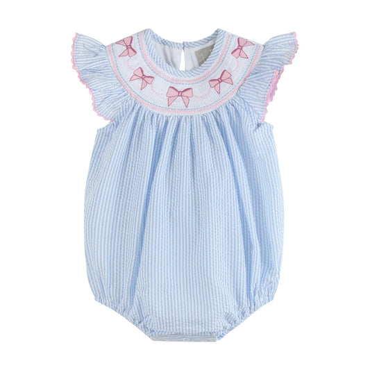 Seersucker Bow Smocked Flutter Romper
