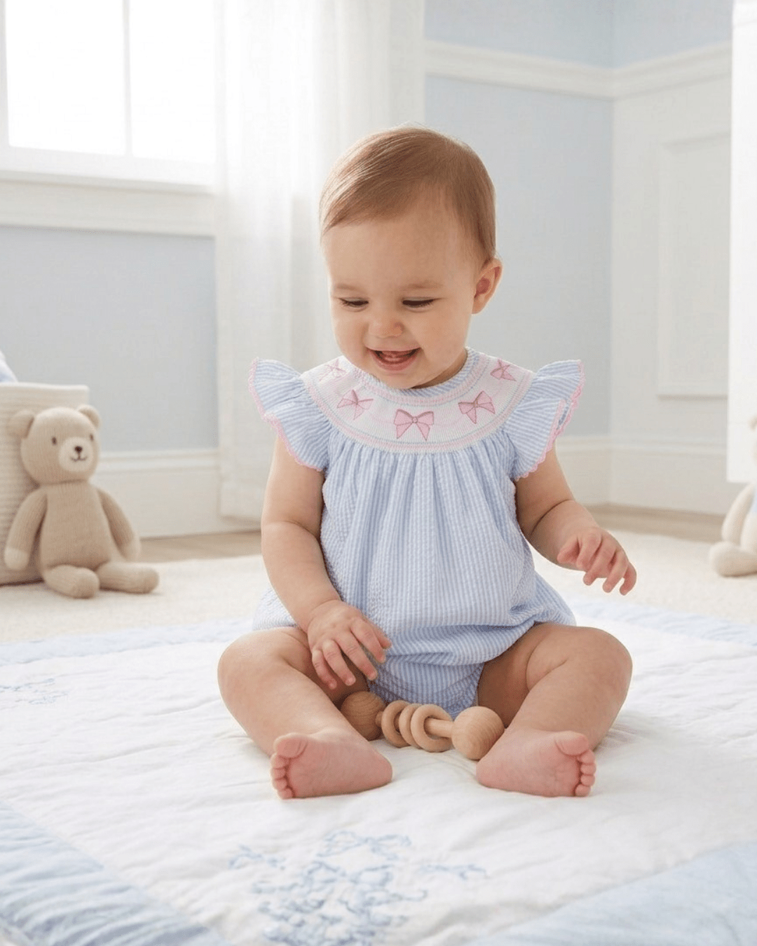 Seersucker Bow Smocked Flutter Romper