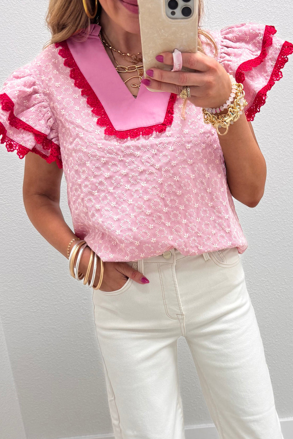 Embroidered Flower Flutter Sleeve Blouse