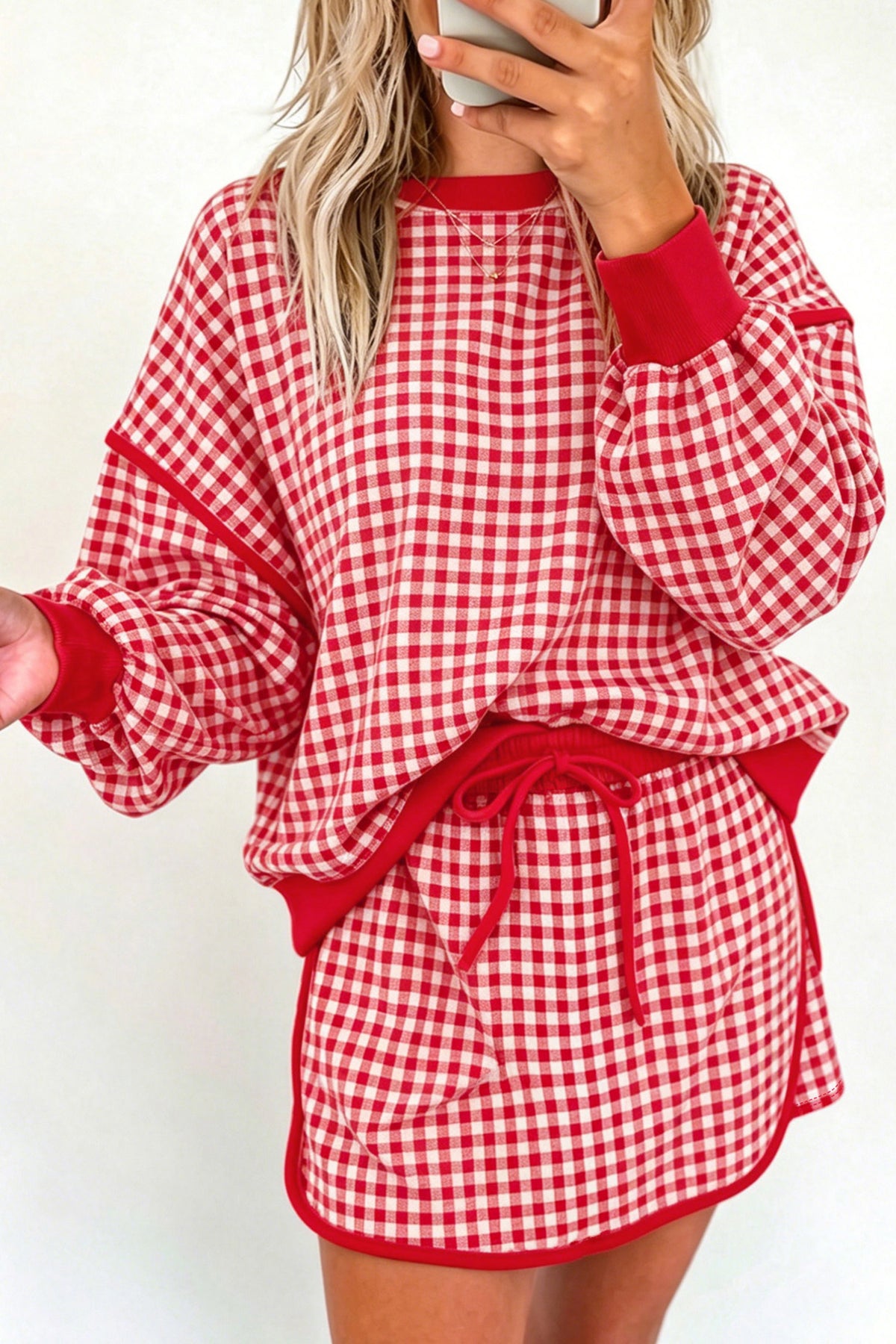 Gingham Oversized Long Sleeve Top and Skort Set