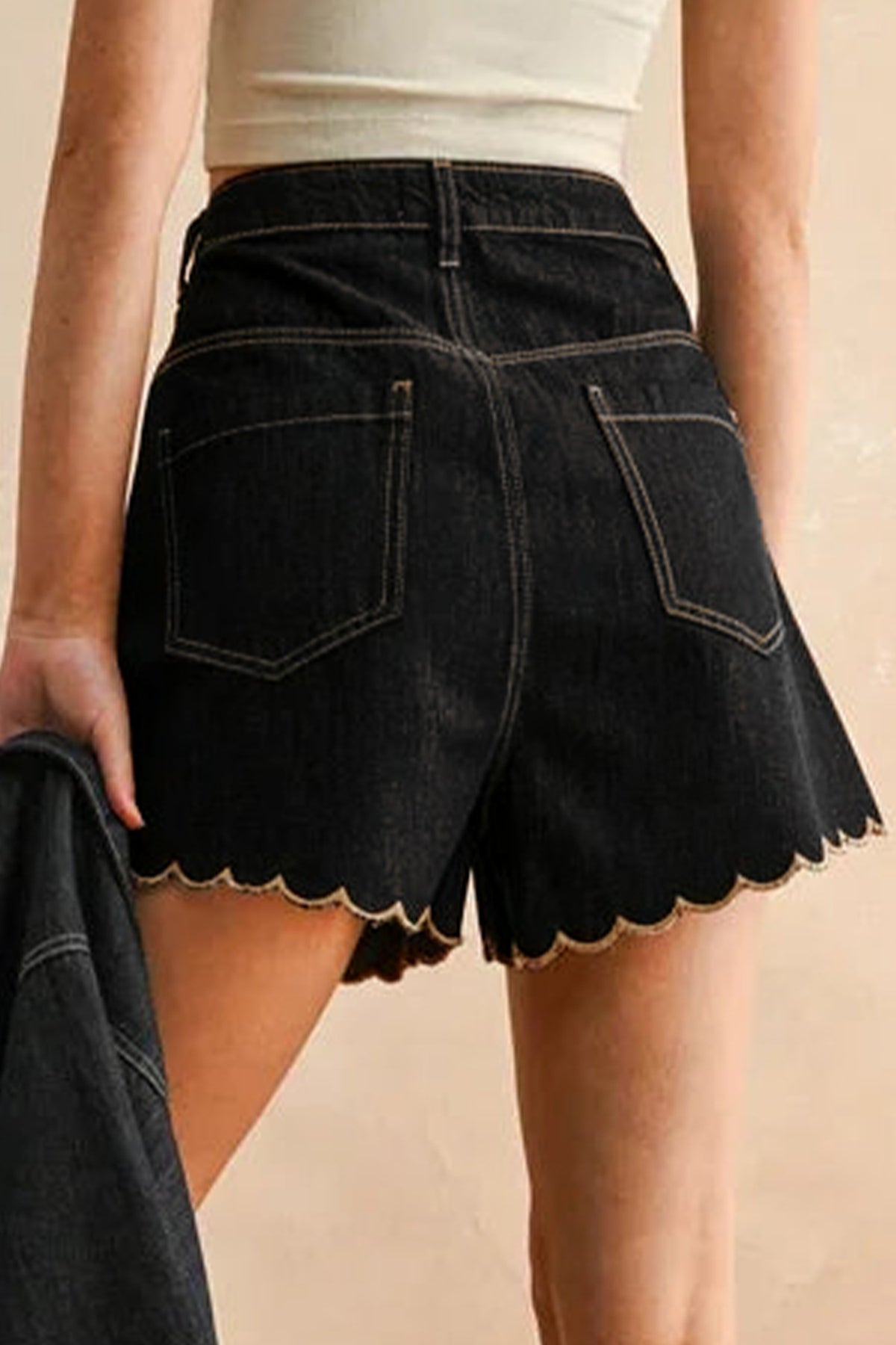 Black Scalloped Trim Denim Shorts