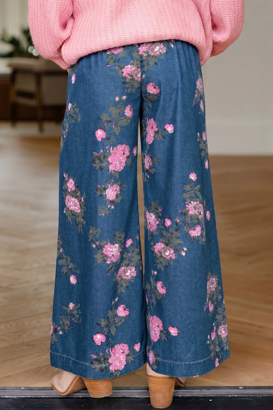 Floral Print Pintuck Wide Leg Pants