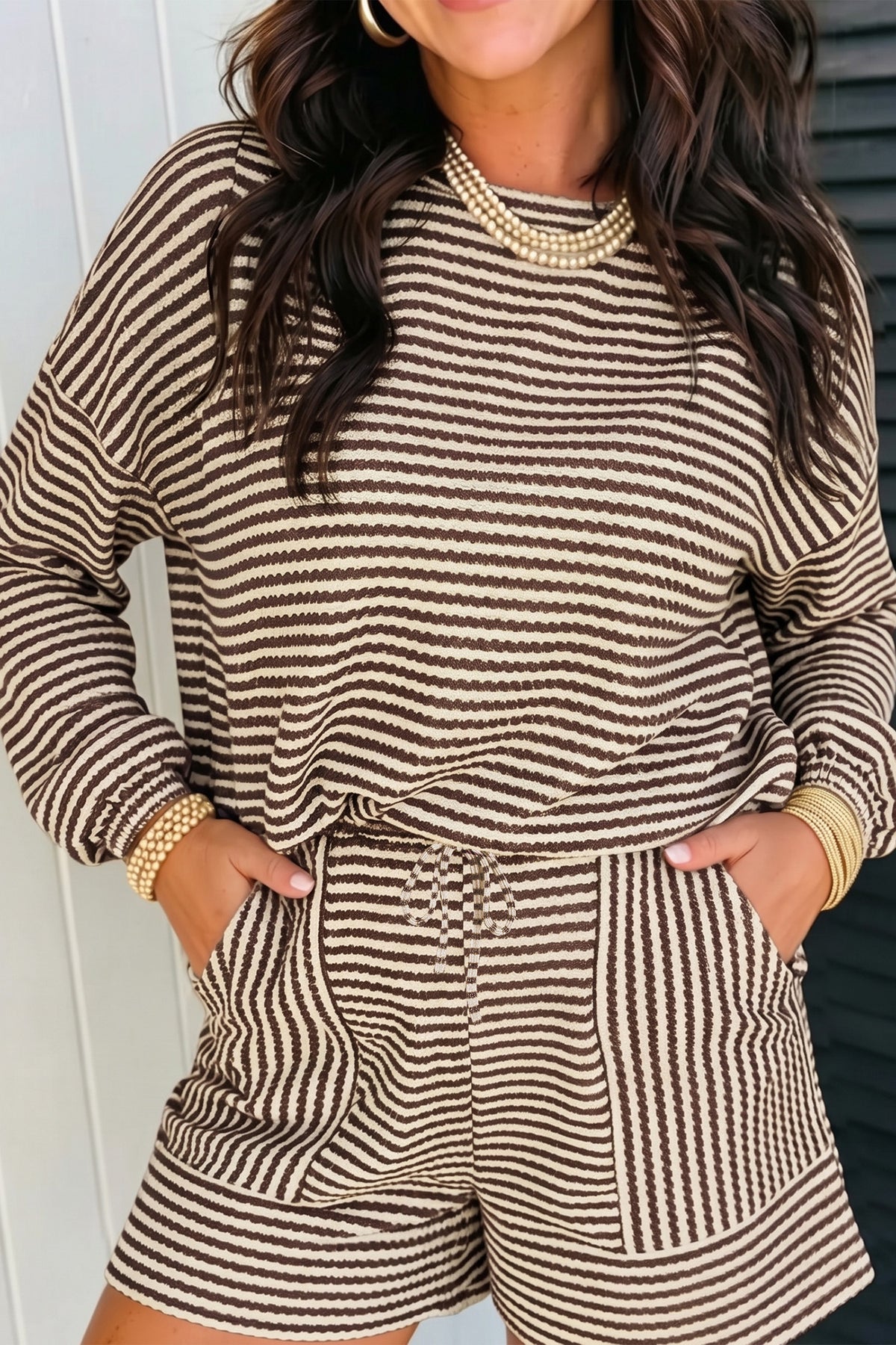 Brown Stripe Long Sleeve Top w/ Shorts