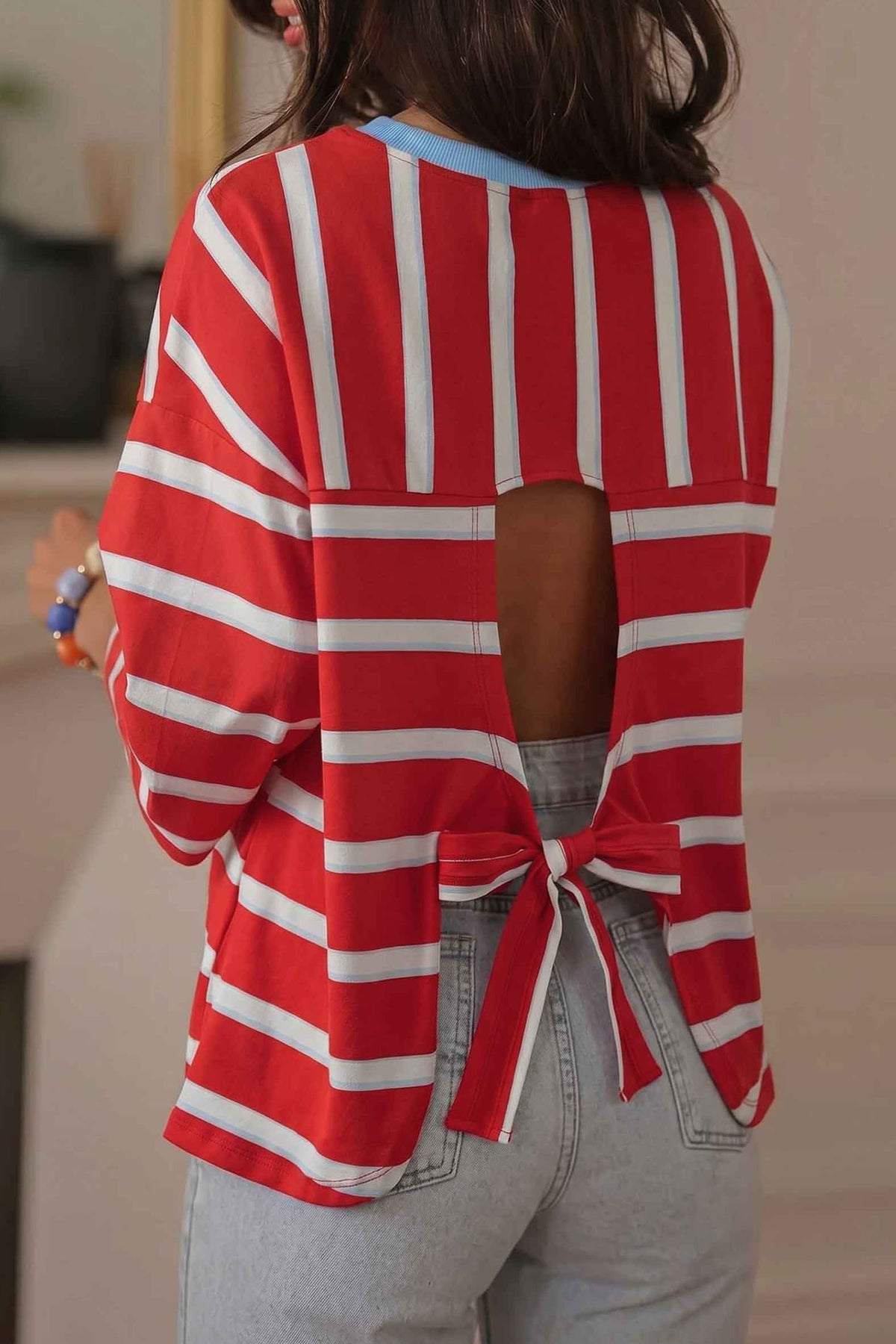 Red Striped Bow Tie Hollowed Shirt