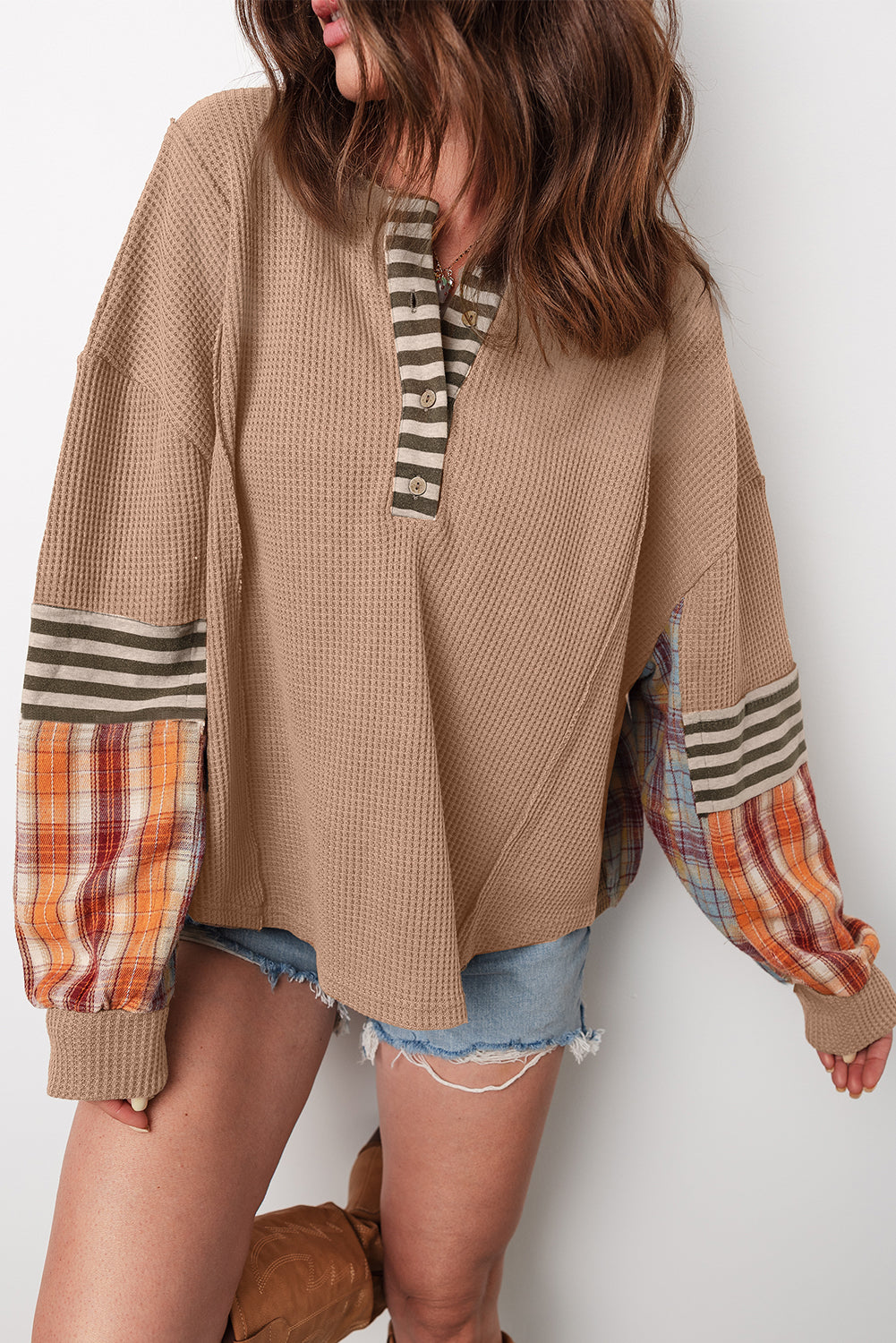 Waffle Plaid Henley Knit Top