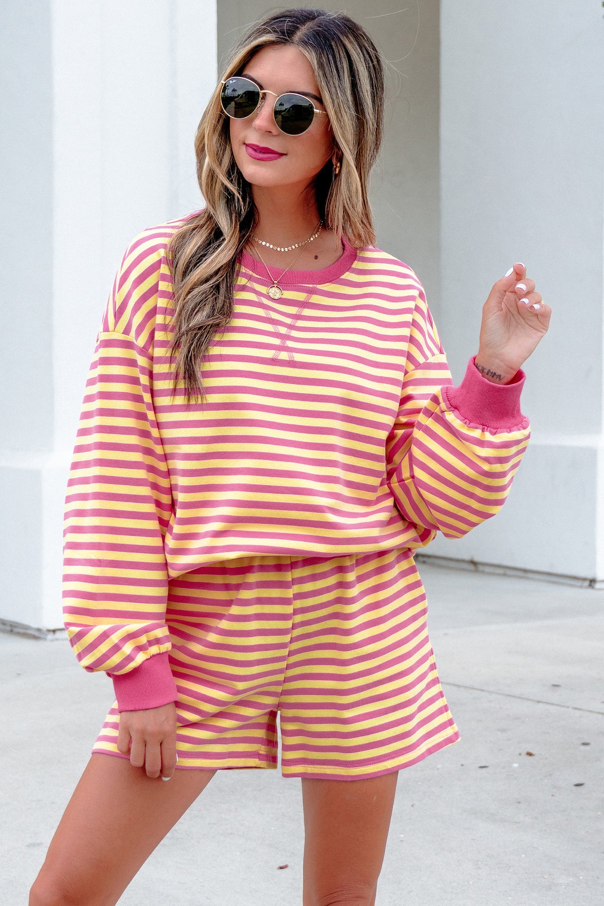 Stripe Long Sleeve Top w/ Shorts Set