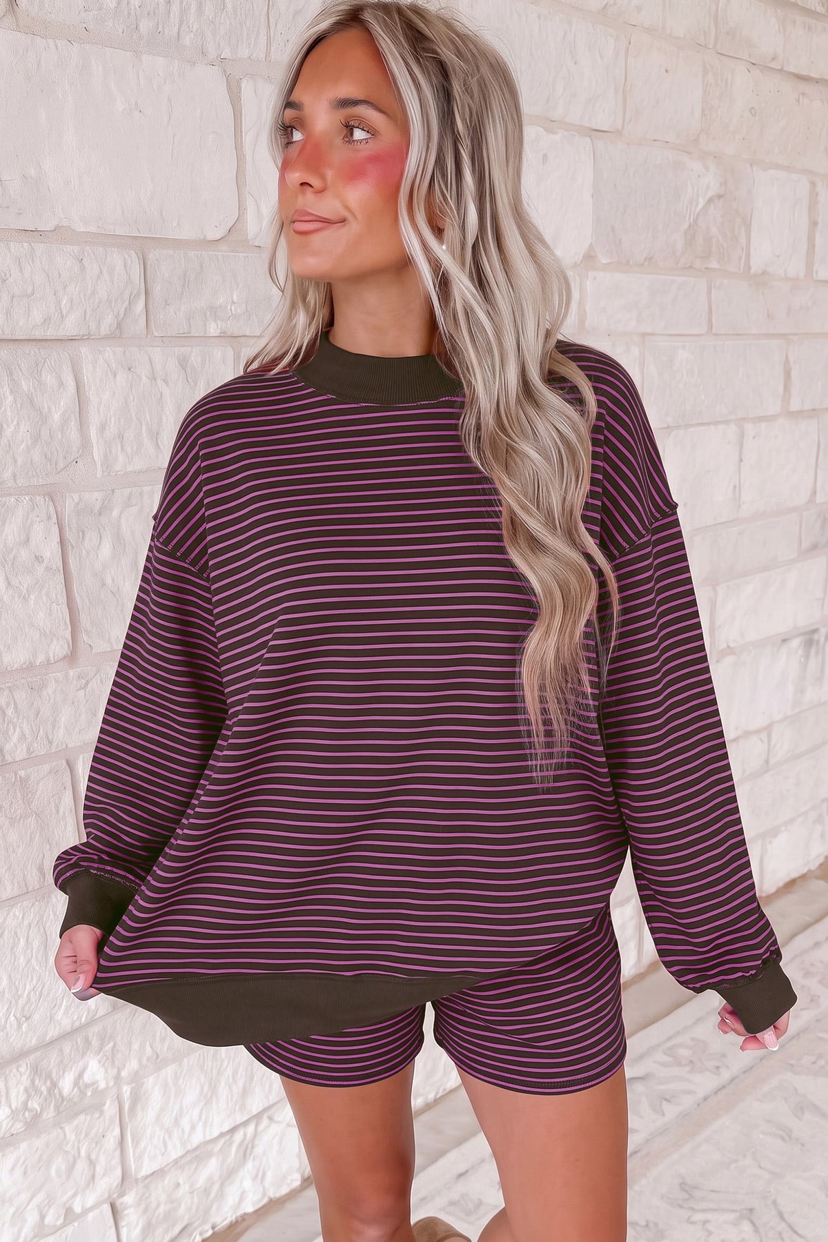 Striped Mock Neck Pullover w/ Shorts Set