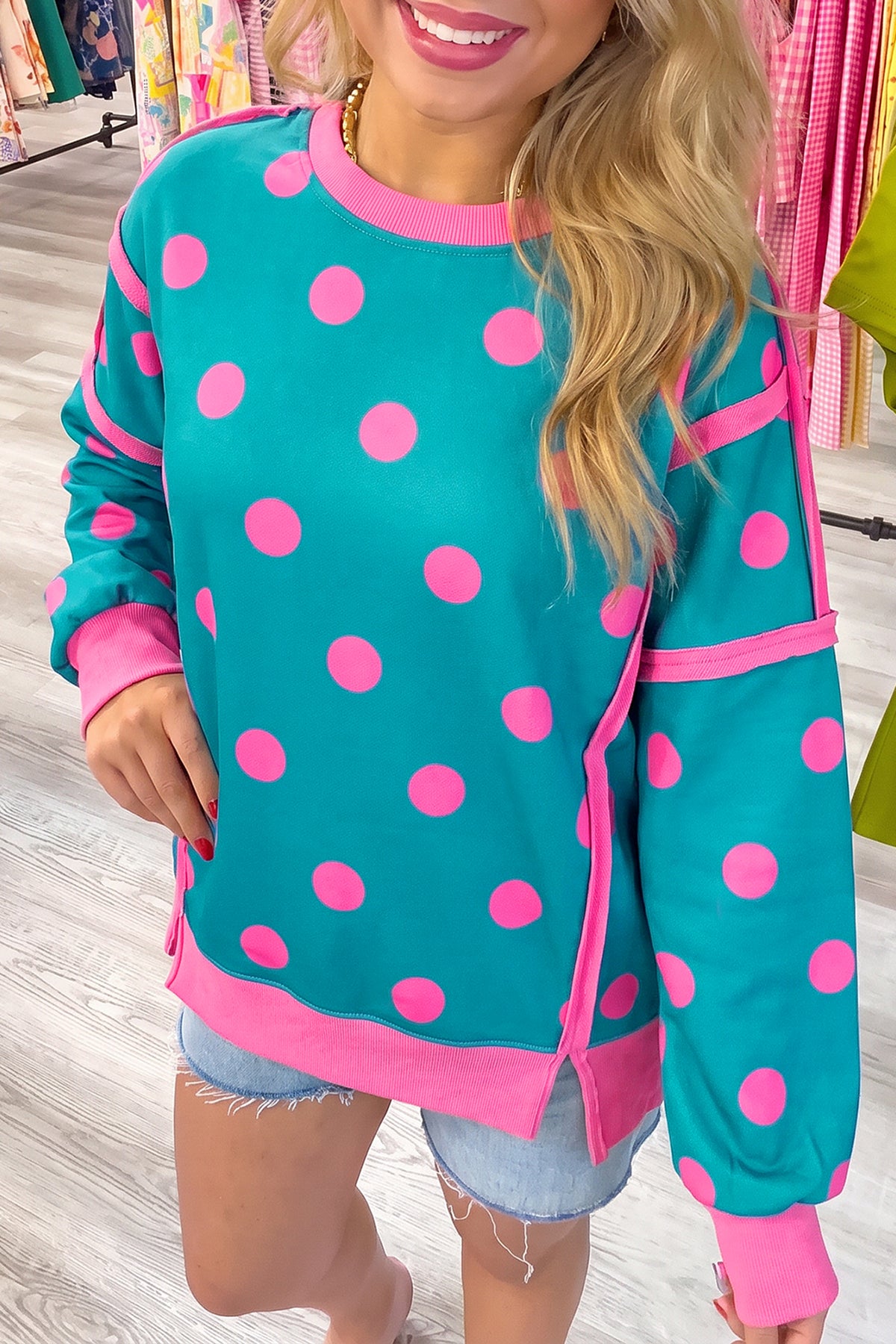 Polka Dot Round Neck Baggy Sweatshirt