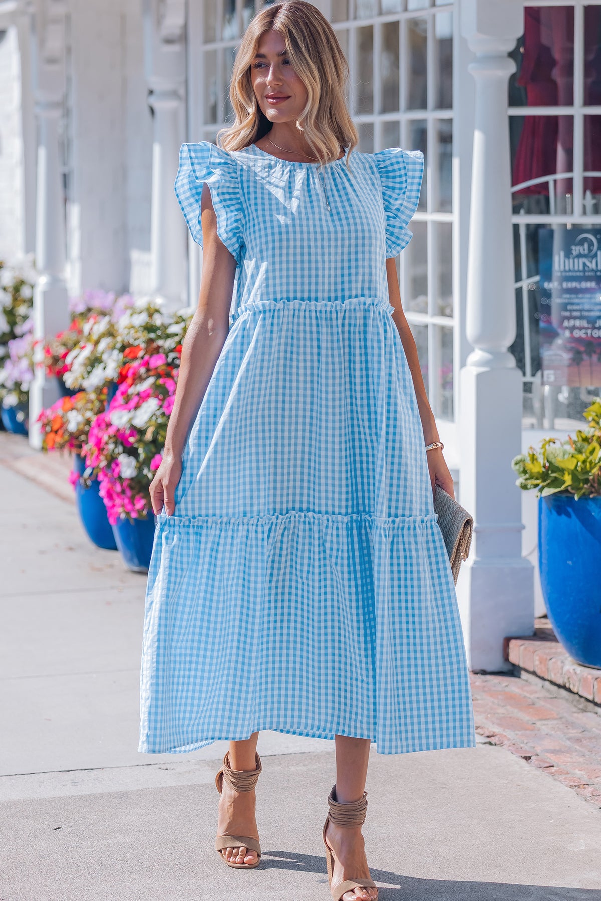 Blue Ruffled Short Sleeve Dress