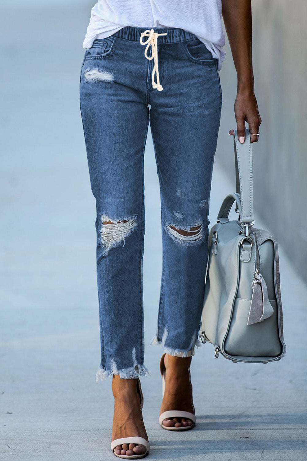 Straight Leg Destroyed Raw Hem Jeans