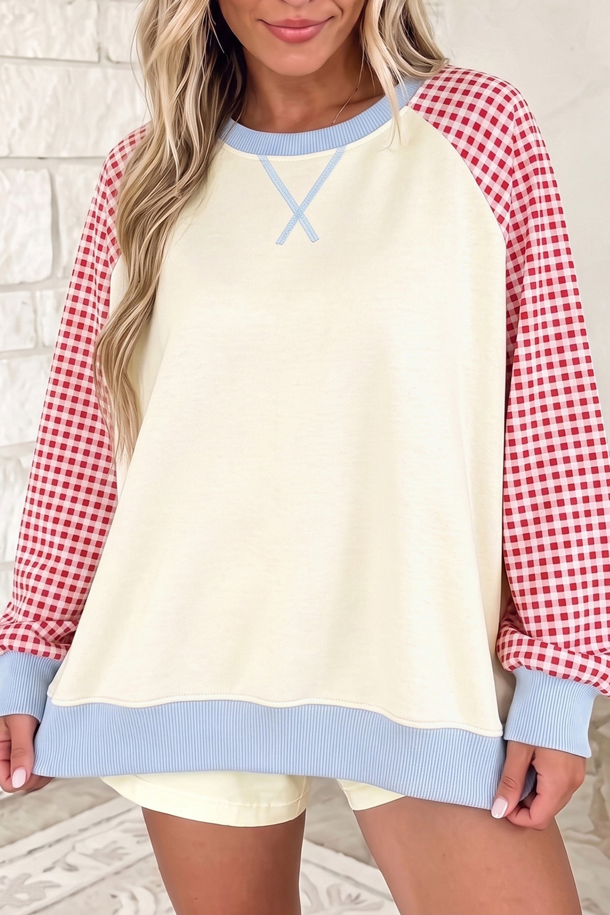 Plaid Sleeve Raglan Pullover Sweatshirt