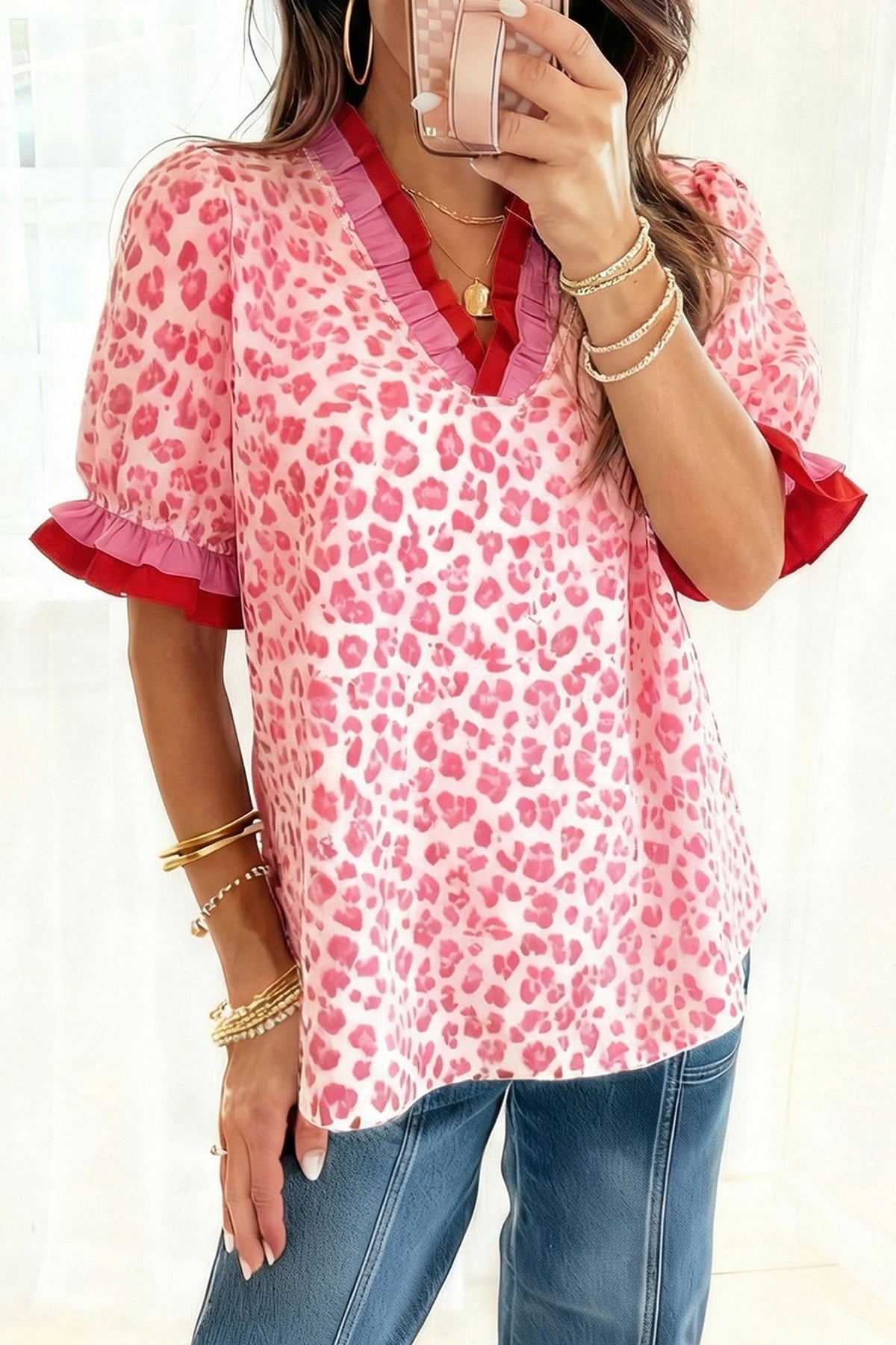 Leopard Print Short Sleeve Blouse