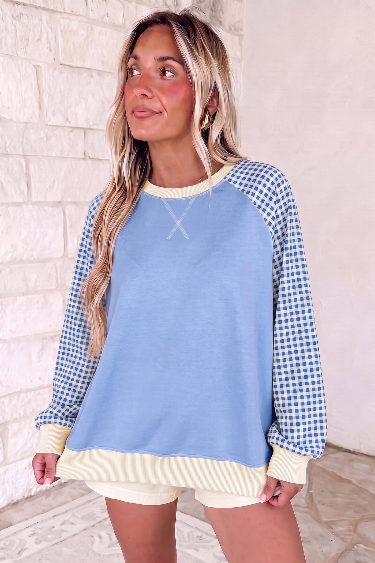 Plaid Sleeve Raglan Pullover Sweatshirt