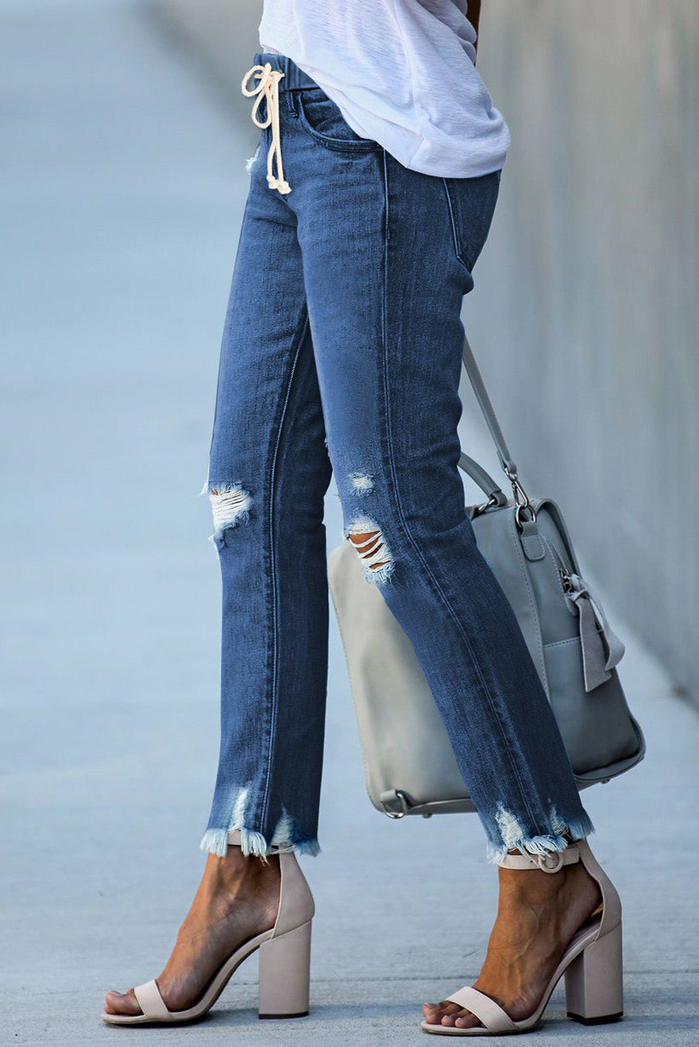 Straight Leg Destroyed Raw Hem Jeans