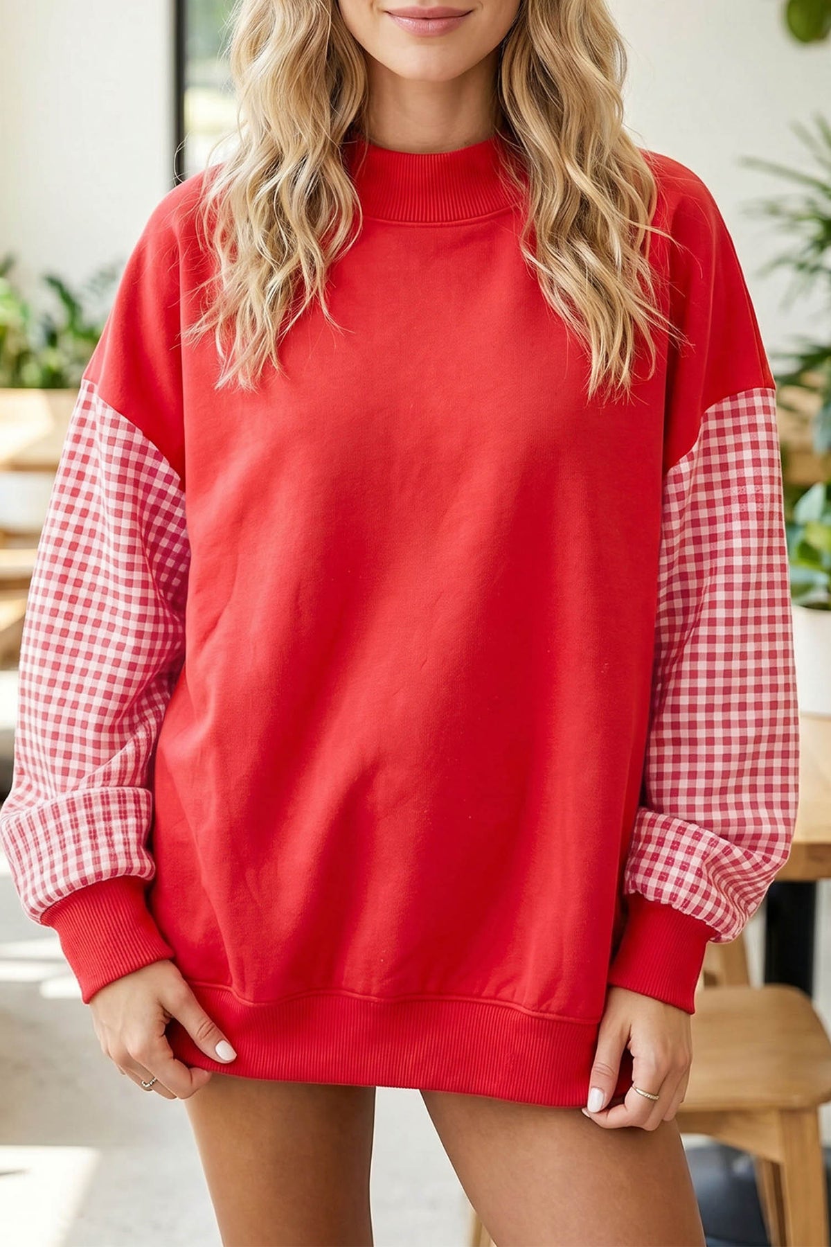 Plaid Sleeve Loose Tunic Sweatshirt