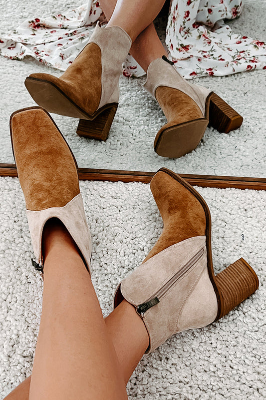Camel Two Tone Chunky Heel Boots