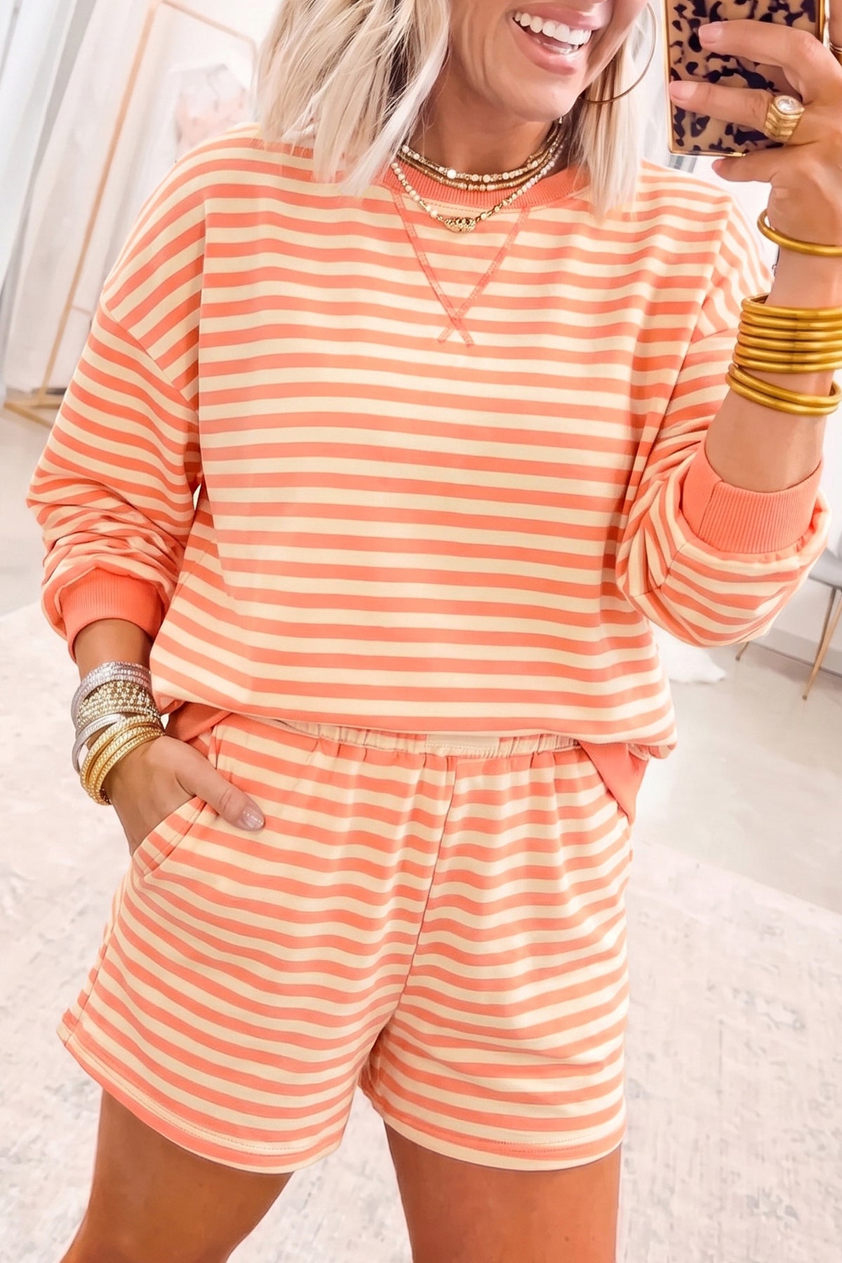 Drop Shoulder Long Sleeve Pullover w/Short Set