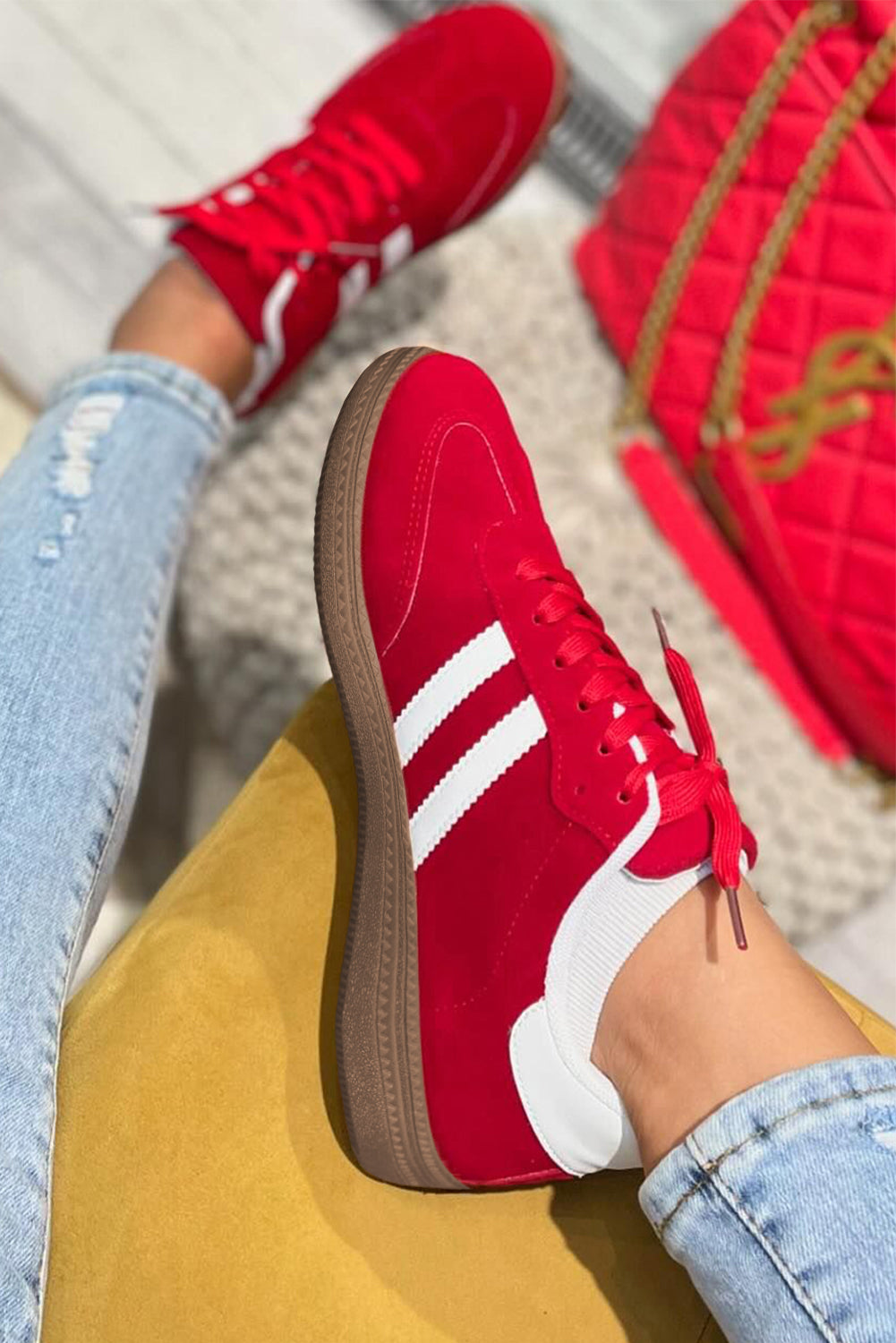 Red Vintage Striped Flat Shoes