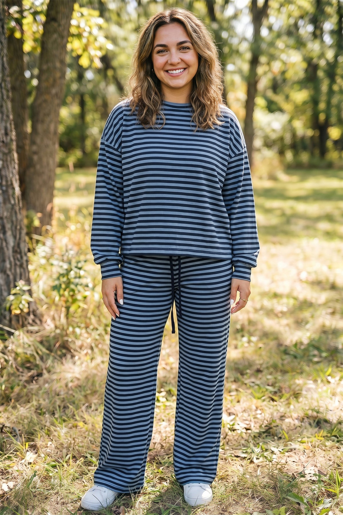 Blue Stripe Long Sleeve Plus Size Lounge Set