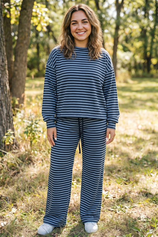 Blue Stripe Long Sleeve Plus Size Lounge Set