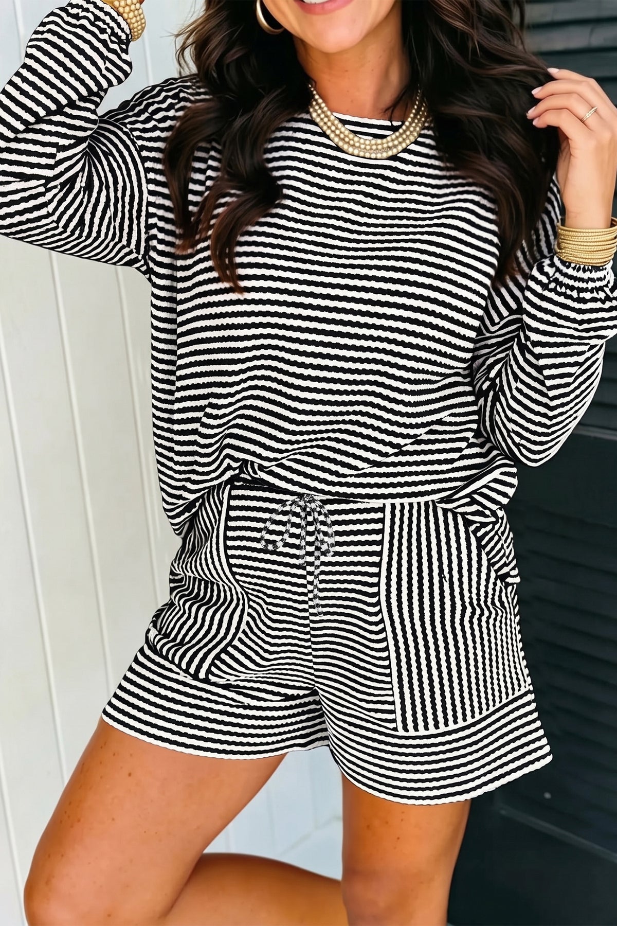Brown Stripe Long Sleeve Top w/ Shorts