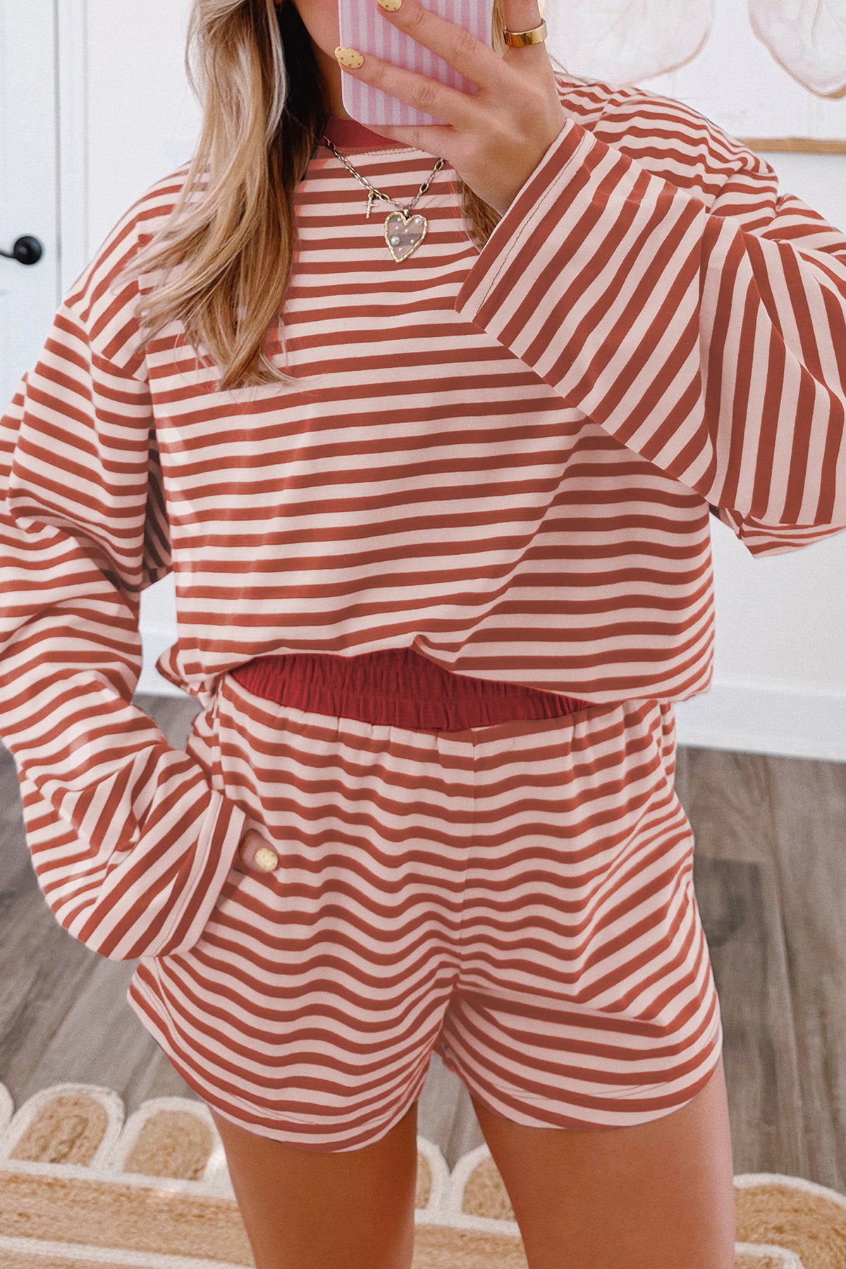 Stripe Relaxed Long Sleeve Top w/ Short Set